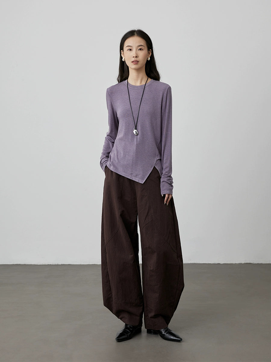 [Monet Base] Camiseta básica de tencel con cuello redondo y manga larga interior con abertura en los extremos para mujer de CAREMIND 