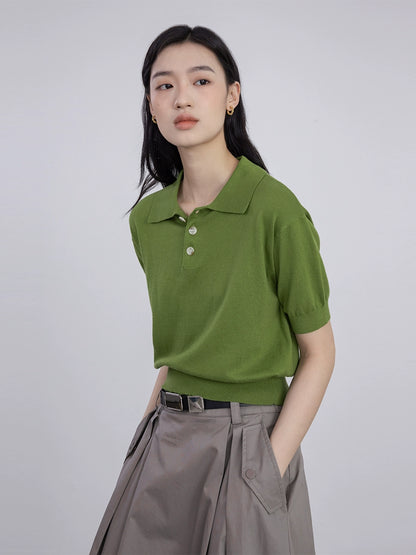 [Oferta por tiempo limitado] Camiseta de manga corta de punto con solapa tipo polo de color liso y temperamento sencillo 