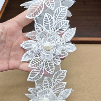 3557★ Flores de encaje de cuentas tridimensionales bordadas de poliéster de organza de alta calidad, accesorios decorativos para velo de boda hechos a mano