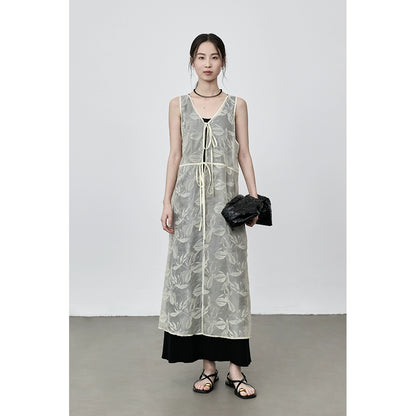 CAREMIND Vestido tipo chaleco sin mangas con relieve fino, blusa exterior holgada con tirantes apilados para mujer 