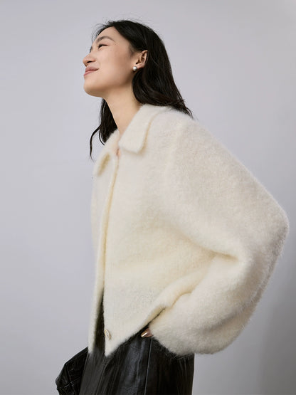 [Spécial à durée limitée] Veste pull en mohair doux et ciré, revers chaud, simple boutonnage, haut cardigan court couleur abricot riz