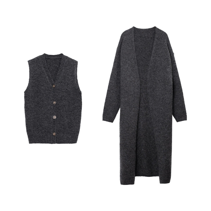 [Offre spéciale à durée limitée] Cardigan en mohair doux et ciré, veste pull longue avec gilet sans manches, ensemble deux pièces