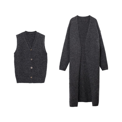 [Offre spéciale à durée limitée] Cardigan en mohair doux et ciré, veste pull longue avec gilet sans manches, ensemble deux pièces