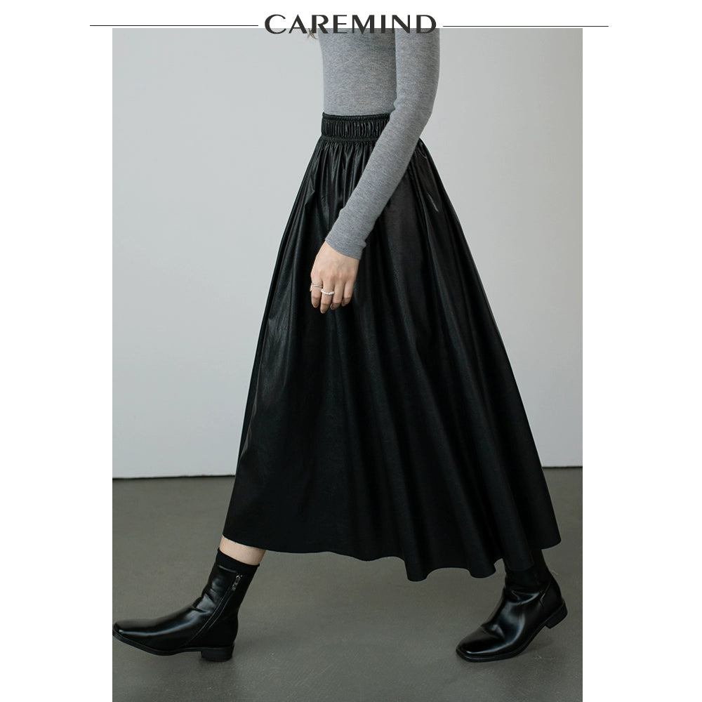CAREMIND [Urban Street] Falda de cuero ajustada con cintura elástica y banda de goma de PU para mujer 