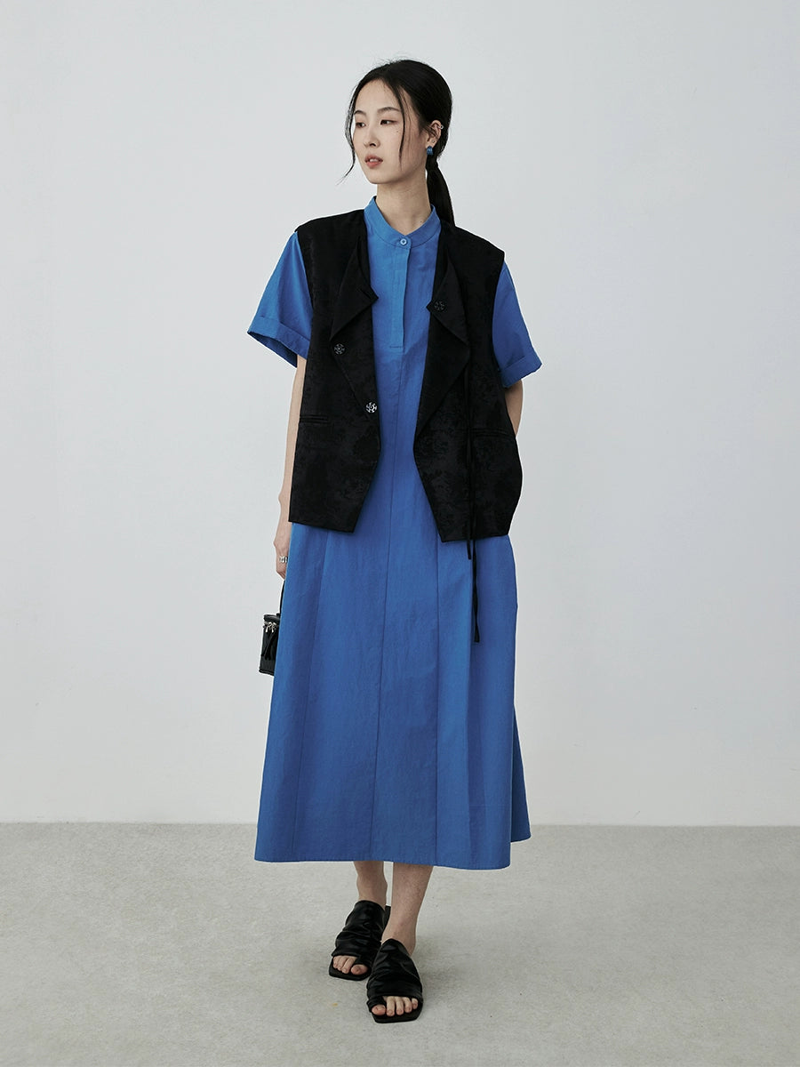 [Bruce Blue] CAREMIND Vestido de viajero diario azul Camisa de algodón puro Falda que cubre las caderas Falda ajustada media y larga 