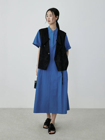 [Bruce Blue] CAREMIND Vestido de viajero diario azul Camisa de algodón puro Falda que cubre las caderas Falda ajustada media y larga 