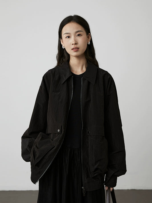 [Chaqueta Kurokawa] Chaqueta corta informal negra Yamamoto de CAREMIND, chaqueta con solapa y bolsillo grande texturizado 