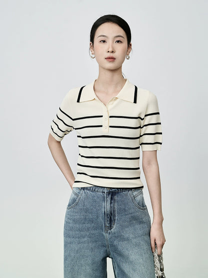 Camiseta tipo polo de rayas retro a juego de colores de CAREMIND, camiseta de manga corta de punto pequeña y ajustada para mujer 