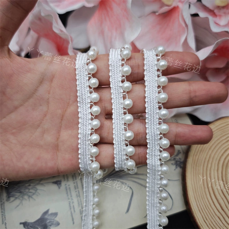 3704 Cheongsam Hanfu de estilo chino con encaje de perlas de imitación enhebrado a mano en blanco, accesorios decorativos para sombreros y escotes.