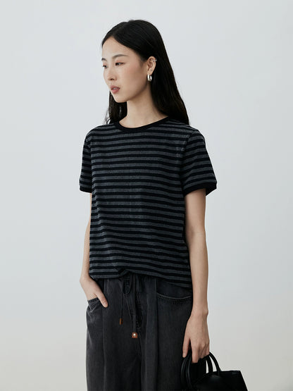 [Comfort Channel] CAREMIND Camiseta de manga corta con cuello redondo y rayas grises para mujer, top informal ajustado con hombros descubiertos para otoño 