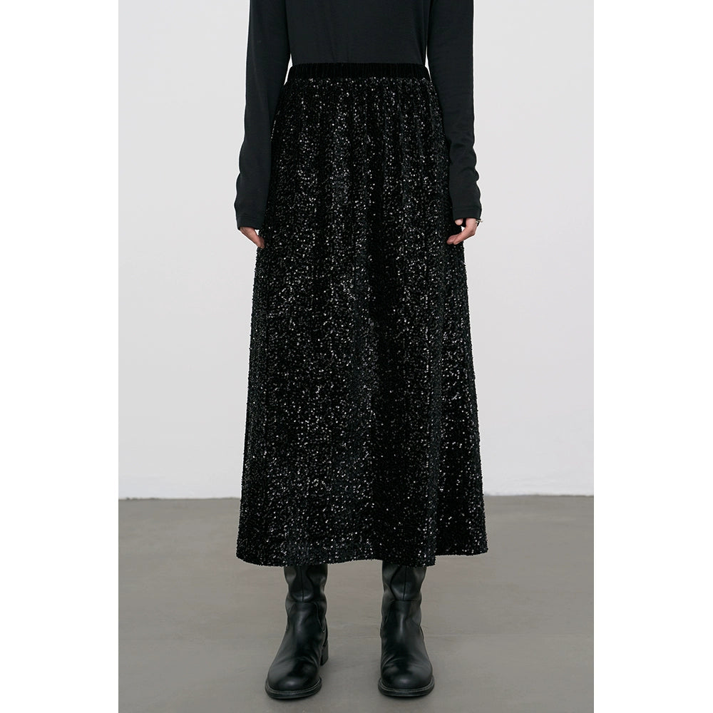 [Oferta especial por tiempo limitado] Falda de lentejuelas negras con temperamento súper atmosférico, falda ajustada con cintura alta y colgante 