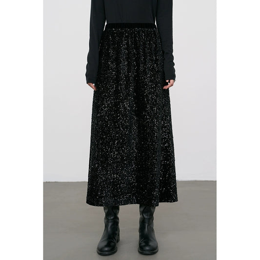 [Oferta especial por tiempo limitado] Falda de lentejuelas negras con temperamento súper atmosférico, falda ajustada con cintura alta y colgante 