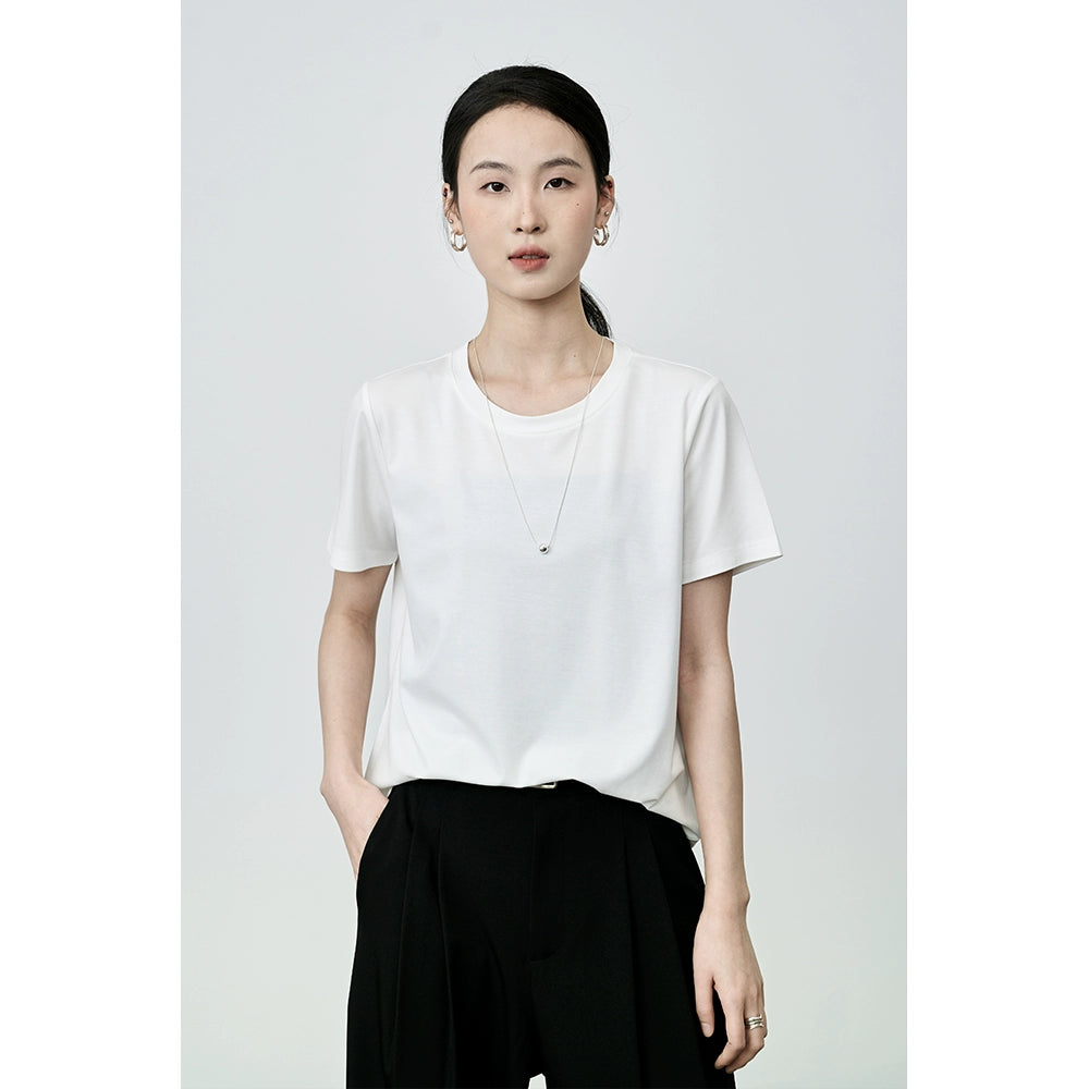 Camiseta básica clásica de cuello redondo de color liso de manga corta con hombros descubiertos para mujer de CAREMIND 