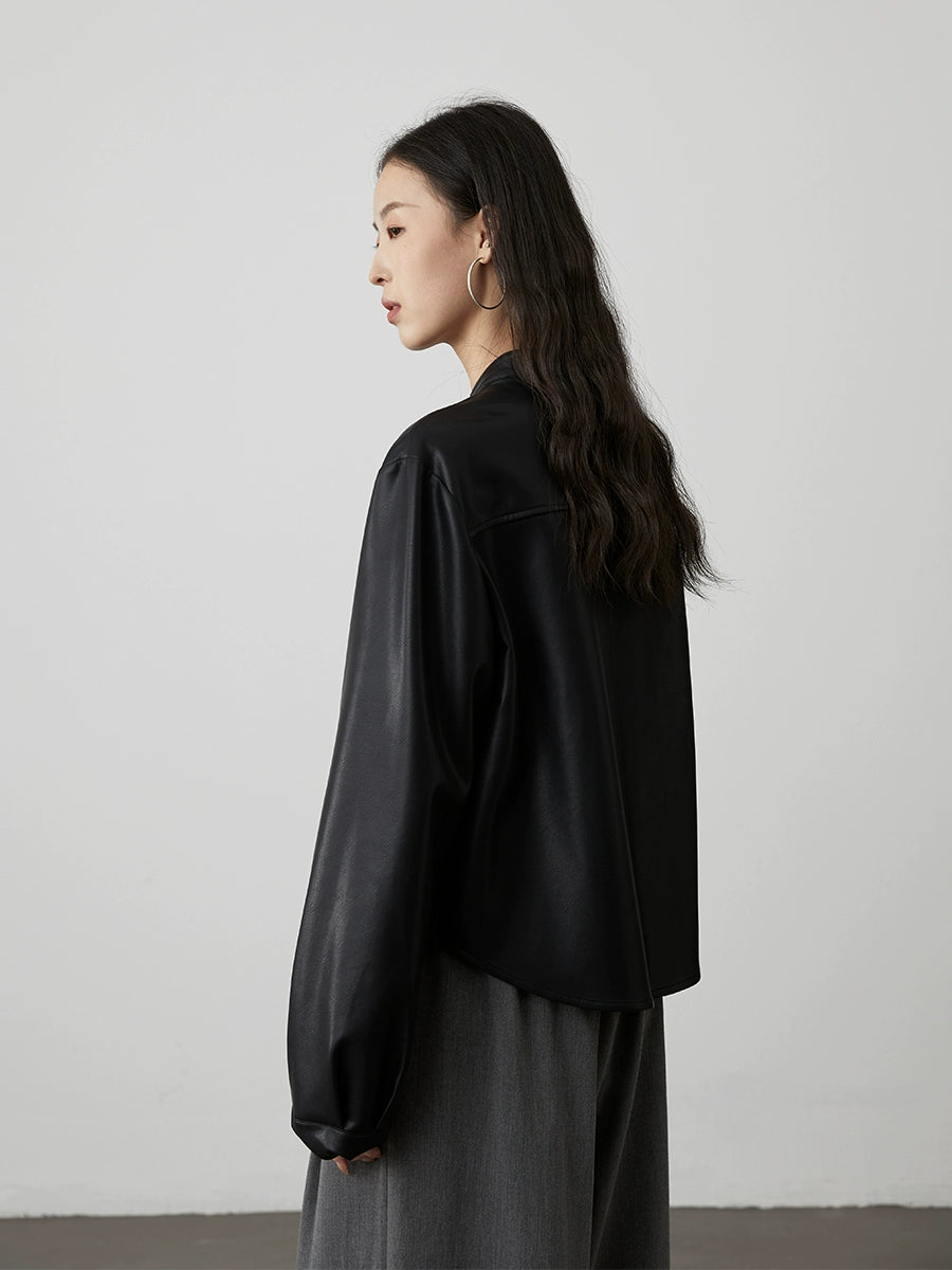 [Camisa de cerámica negra] Chaqueta de cuero negra de moda para viajeros CAREMIND, chaqueta retro corta con cuello alto pequeño 