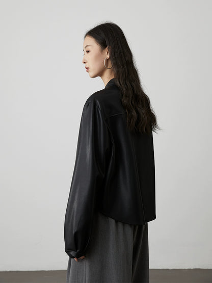 [Camisa de cerámica negra] Chaqueta de cuero negra de moda para viajeros CAREMIND, chaqueta retro corta con cuello alto pequeño 