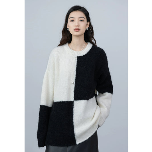 [Oferta por tiempo limitado] Suéter de punto con cuadros en blanco y negro de lana y mohair de CAREMIND Otoño Nuevo 
