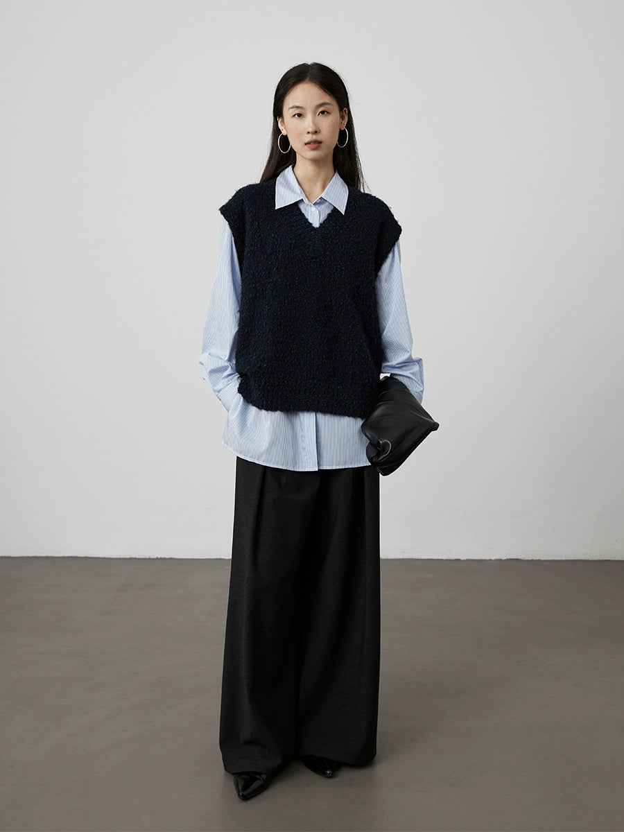 [Chaleco de lluvia de otoño] Chaleco de punto azul zafiro oscuro con cuello en V sin mangas de CAREMIND, chaleco holgado apilado, top 