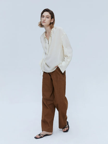 [Oferta especial por tiempo limitado] Camisa con cordón y cierre de cremallera semitransparente de ácido acético ligera y fina para mujer, diseño plisado, para uso informal 