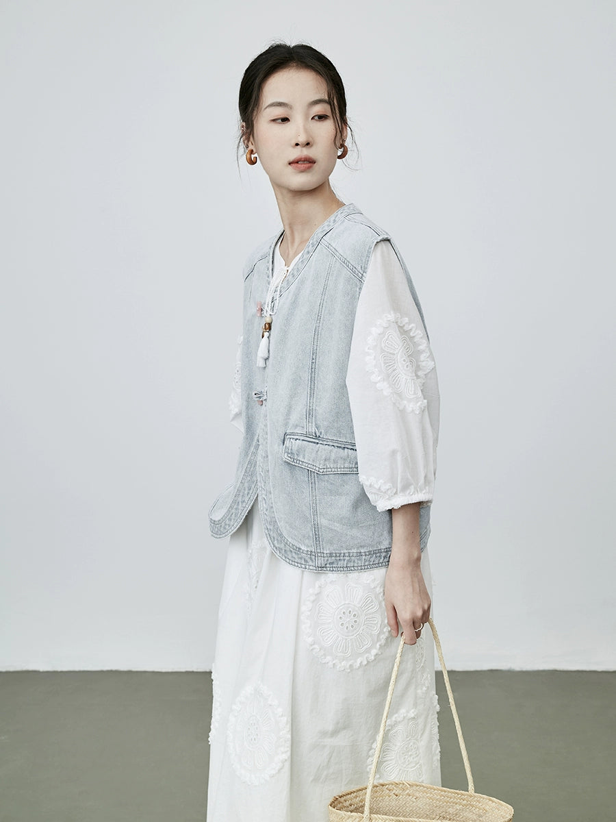 [Cowboy Traveler] Chaleco de mezclilla estilo nacional CAREMIND, chaqueta, chaleco, chaqueta, chaleco con parte superior de bambú 