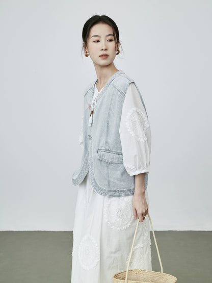 [Cowboy Traveler] Chaleco de mezclilla estilo nacional CAREMIND, chaqueta, chaleco, chaqueta, chaleco con parte superior de bambú 