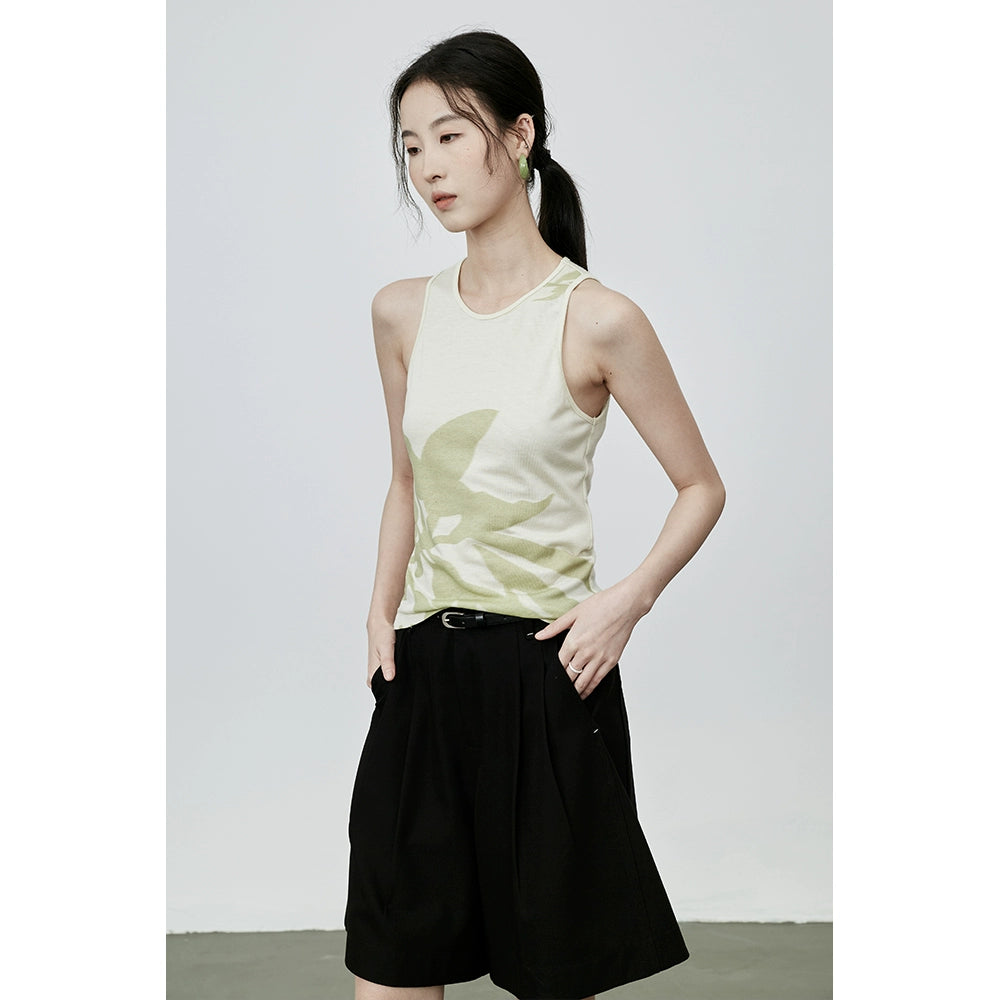 CAREMIND Gilet ajusté imprimé végétal pour femme, petit haut sans manches à bas chinois