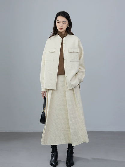 [Oferta por tiempo limitado] Conjunto de chaqueta y falda plisada con doble bolsillo y estampado en relieve para mujer de CAREMIND 