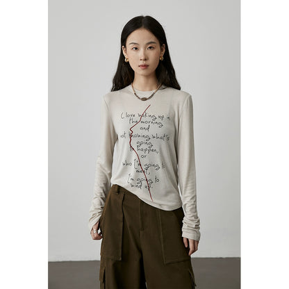 [Thinking T] CAREMIND Black Tencel Letter Printed Front Shoulder Long Sleeve T-Shirt Three-dimensional Art Sketch Top