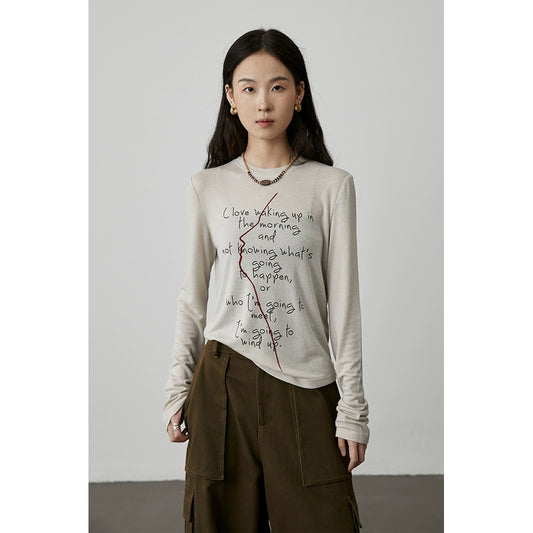 [Thinking T] CAREMIND Black Tencel Letter Printed Front Shoulder Long Sleeve T-Shirt Three-dimensional Art Sketch Top