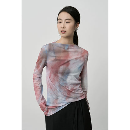 Chemise CAREMIND en maille fine rose et bleu, imprimée tie-dye, à changement progressif, design irrégulier