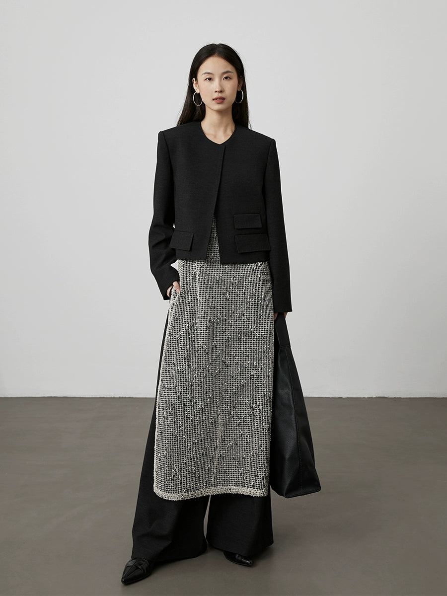 [Limpio y recto] Chaqueta pequeña de manga larga corta para mujer con traje pequeño sin cuello y hombros delanteros de CAREMIND 