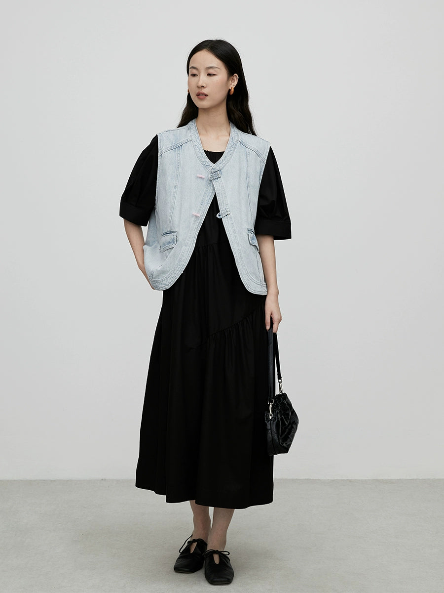 [Thinning shadow small black dress] CAREMIND black minimalist dress round neck pleated Hepburn style thin skirt