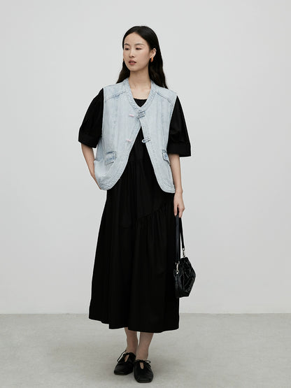[Thinning shadow small black dress] CAREMIND black minimalist dress round neck pleated Hepburn style thin skirt