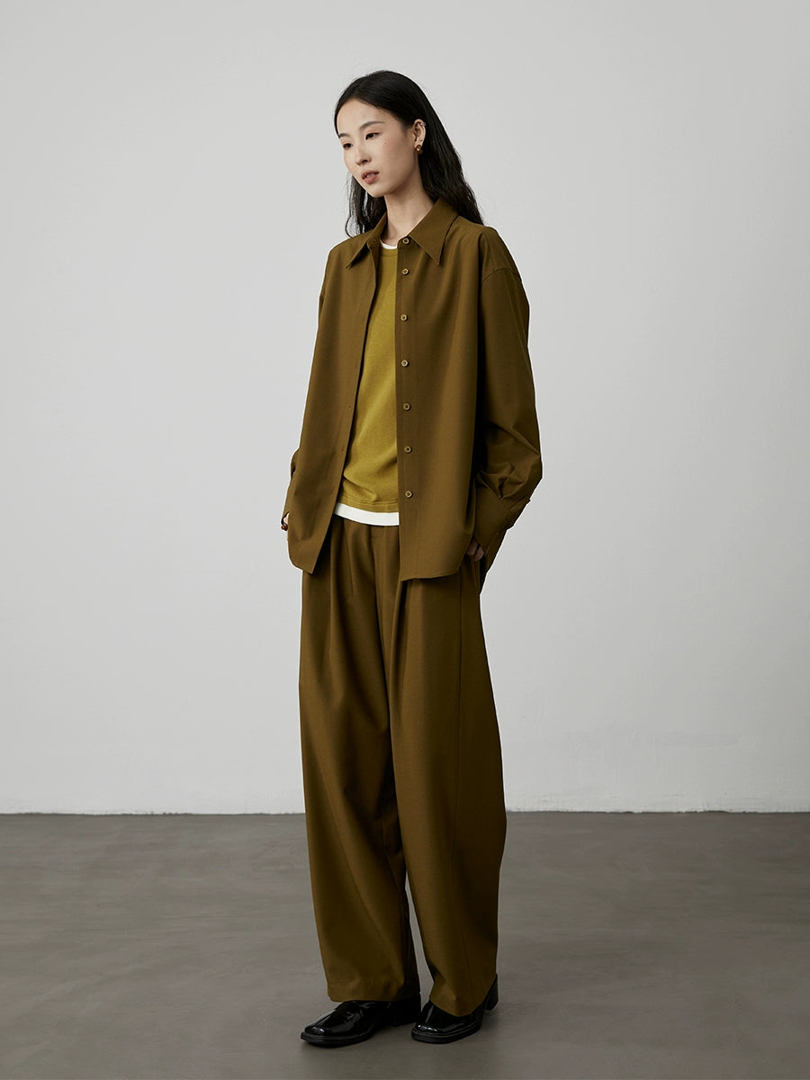 [Couleur de base naturelle] Pantalon décontracté drapé taille haute vert olive CAREMIND pour femme, pantalon large polyvalent ample et fin