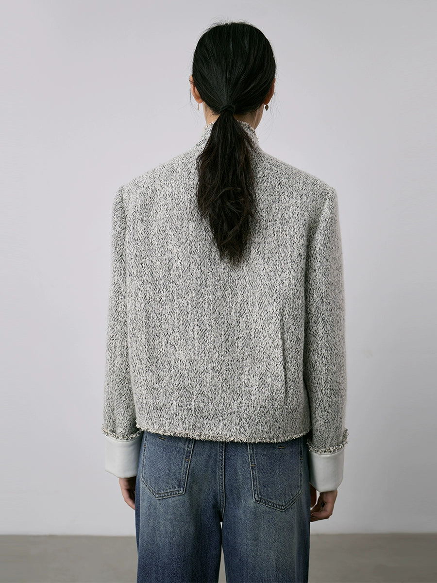 [Special price] Gray texture small fragrant coat women's short exquisite stand-up neck cardigan top autumn and winter new