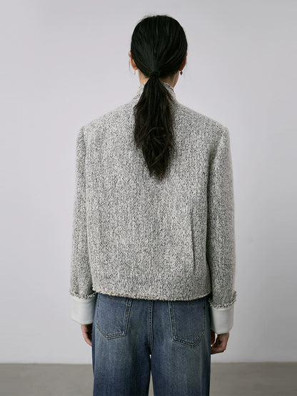 [Special price] Gray texture small fragrant coat women's short exquisite stand-up neck cardigan top autumn and winter new