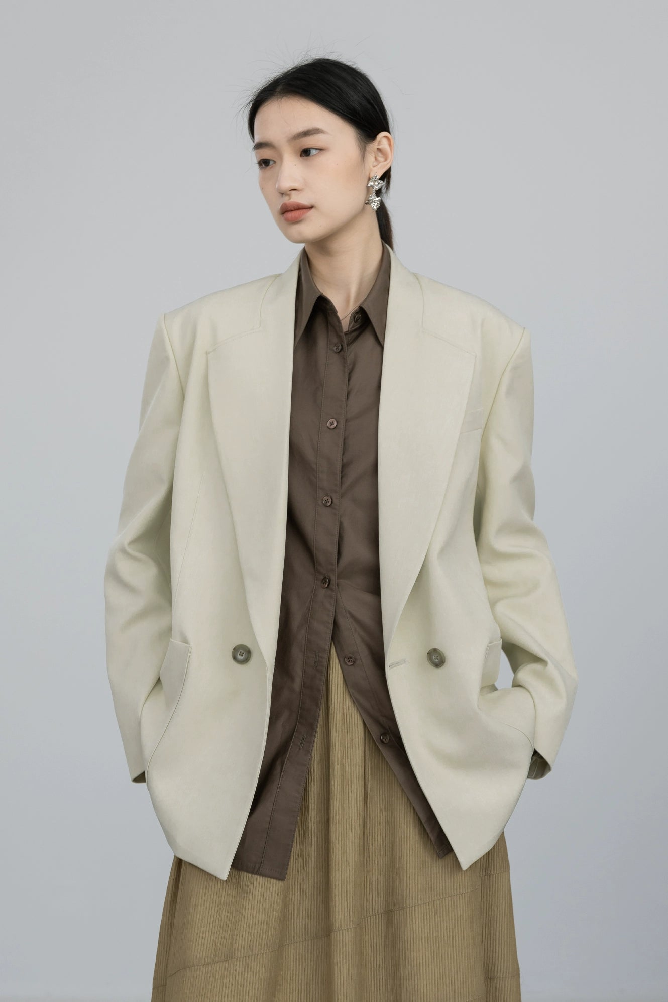 CAREMIND [Doublure vanille] Blazer blanc original et simple pour l'automne, nouveau costume haut