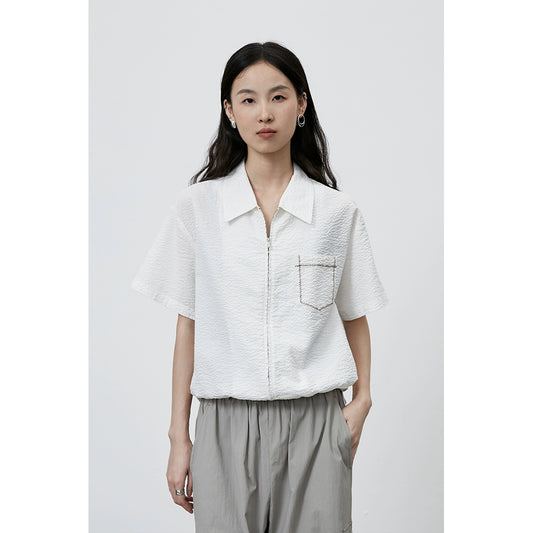 [Sea salt shirt] CAREMIND Japanese-style texture short shirt women's white casual short-sleeved jacket top