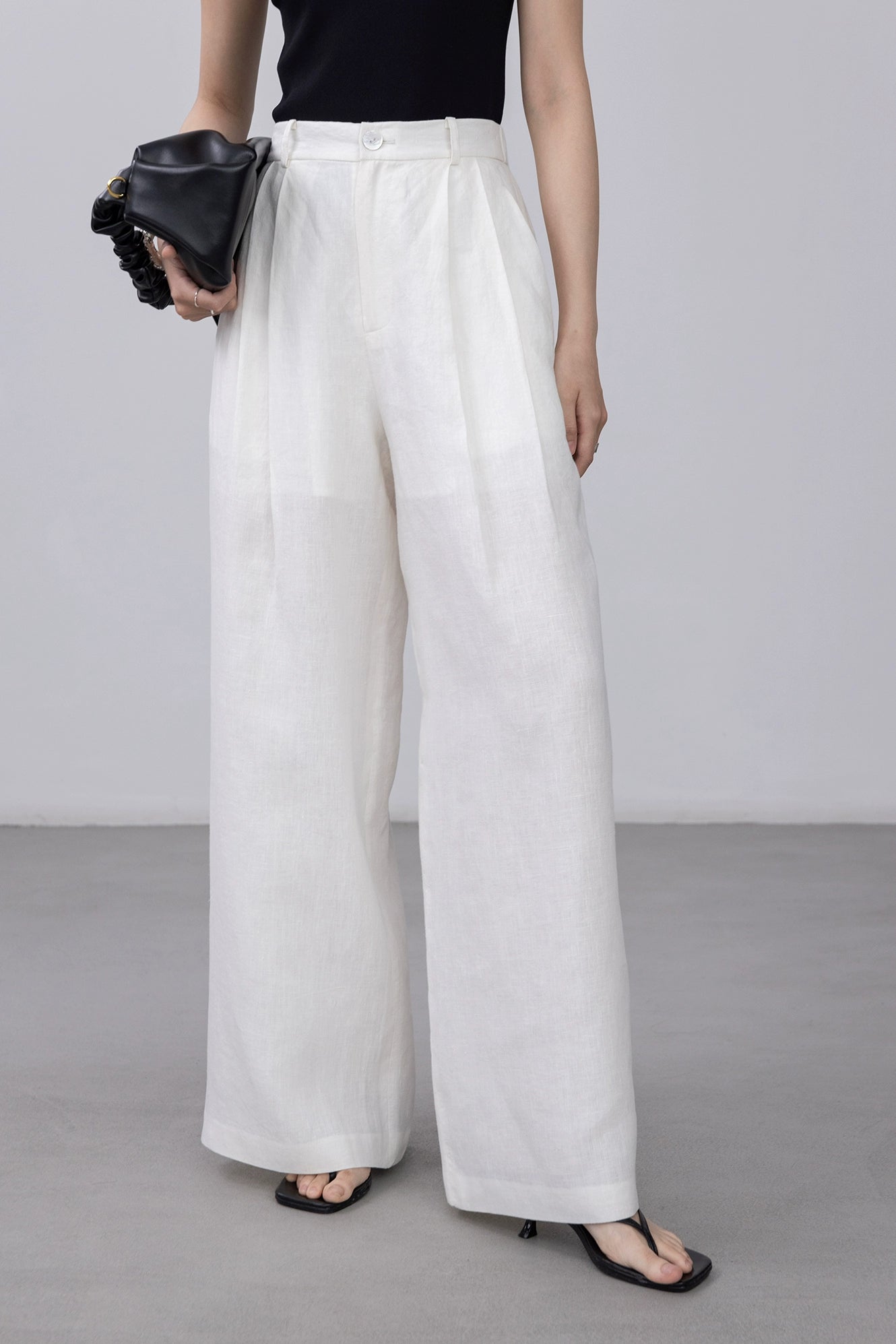 [Oferta por tiempo limitado] Pantalones rectos blancos de lino puro CAREMIND Pantalones casuales versátiles de cintura alta y pierna ancha 