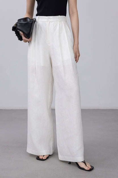 [Oferta por tiempo limitado] Pantalones rectos blancos de lino puro CAREMIND Pantalones casuales versátiles de cintura alta y pierna ancha 