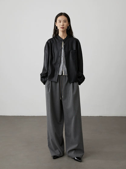 [Camisa de cerámica negra] Chaqueta de cuero negra de moda para viajeros CAREMIND, chaqueta retro corta con cuello alto pequeño 