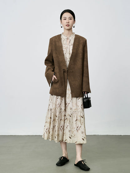 Nueva chaqueta de jacquard retro china de CAREMIND Maillard, sin cuello, con botones y temperamento 