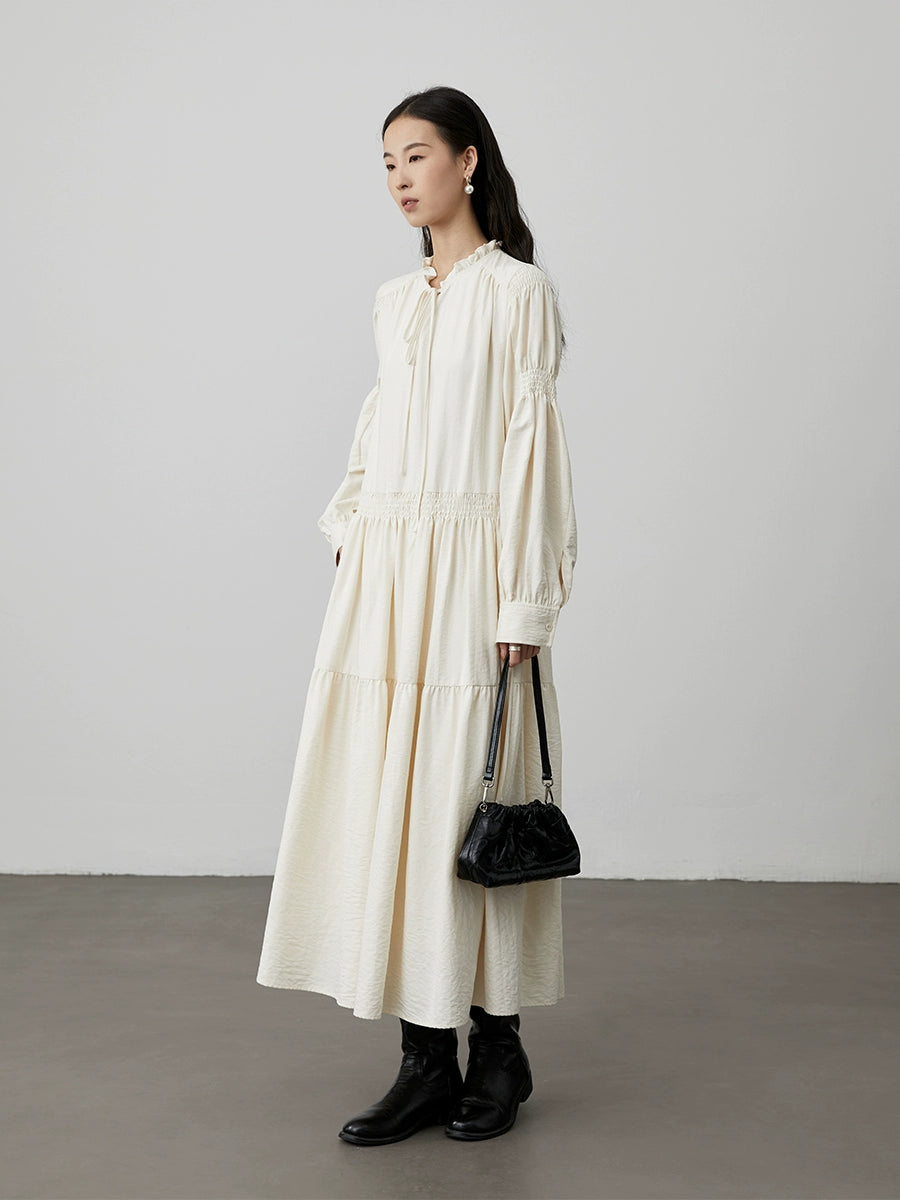 [St. Petersburg] CAREMIND beige and elegant long-sleeved dress with wooden ear edge v-neck autumn and winter versatile long dress