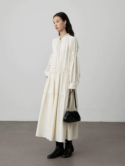 [St. Petersburg] CAREMIND beige and elegant long-sleeved dress with wooden ear edge v-neck autumn and winter versatile long dress