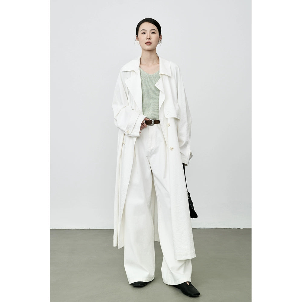 CAREMIND Gabardina blanca ligera y texturizada para mujer, abrigo largo informal de temperamento francés para otoño 