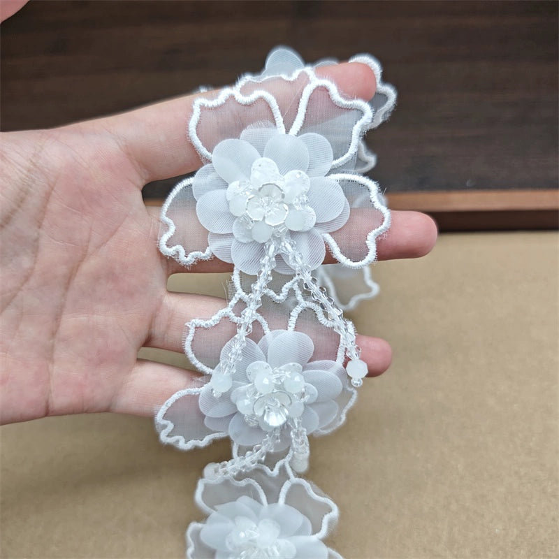 3556★ Accesorios de encaje de flores tridimensionales, encaje bordado de organza con cuentas de doble capa, sombrero de boda hecho a mano DIY, ropa para niños