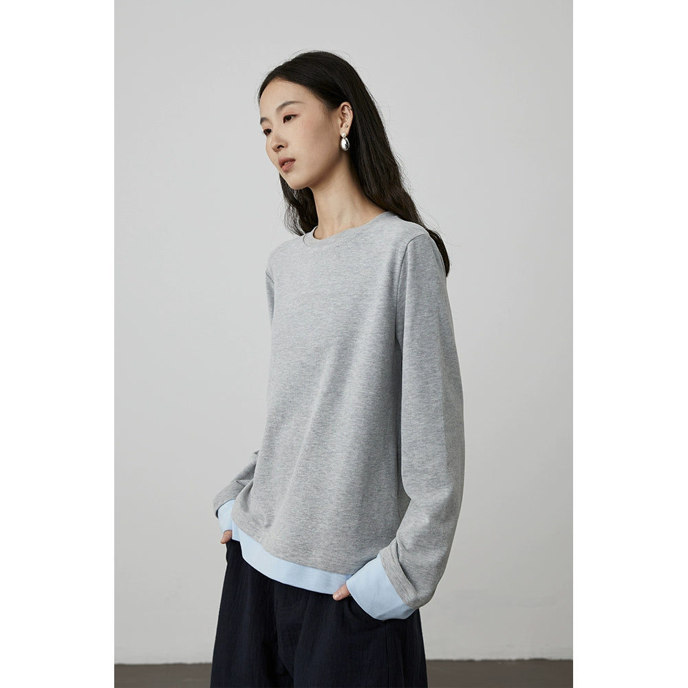 [Soft touch] CAREMIND early autumn splicing fake two-piece long-sleeved casual T-shirt design sense inner top