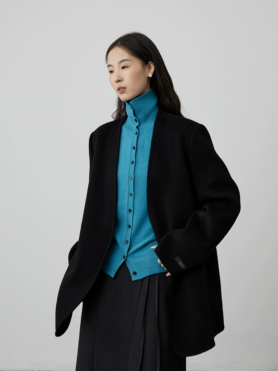 [Traje de lana sin cuello] Chaqueta francesa de pura lana CAREMIND, abrigo corto holgado de lana 