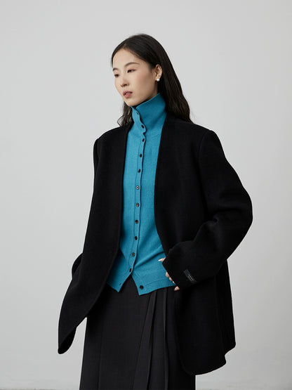 [Traje de lana sin cuello] Chaqueta francesa de pura lana CAREMIND, abrigo corto holgado de lana 