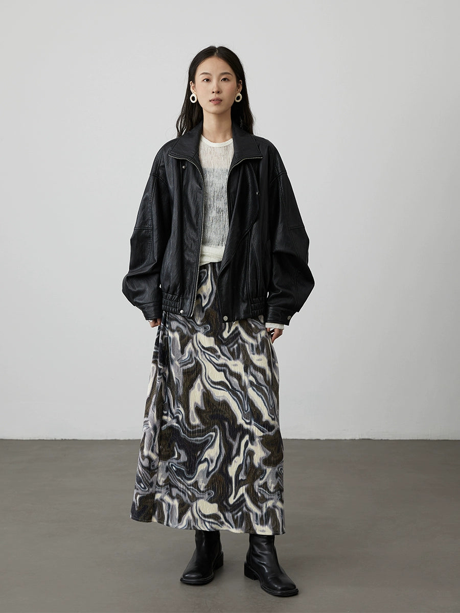 [Shanhaiji] CAREMIND brown and white smudged irregular texture skirt high waist and thin a-word long skirt