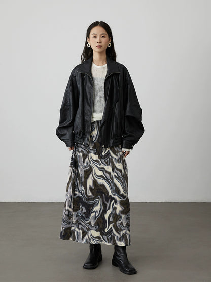 [Shanhaiji] CAREMIND brown and white smudged irregular texture skirt high waist and thin a-word long skirt